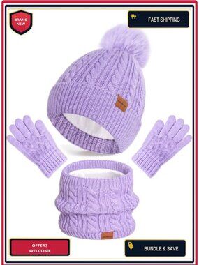 Kids Winter Knit Hat Gloves Scarf Set Fleece Lined Pom Beanie Neck Warmer